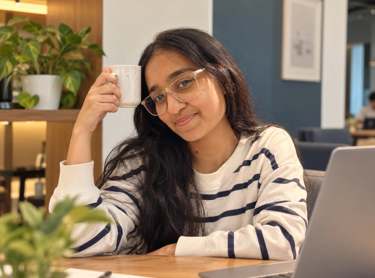 Diya Rathod smiling, holding a coffee mug at a desk