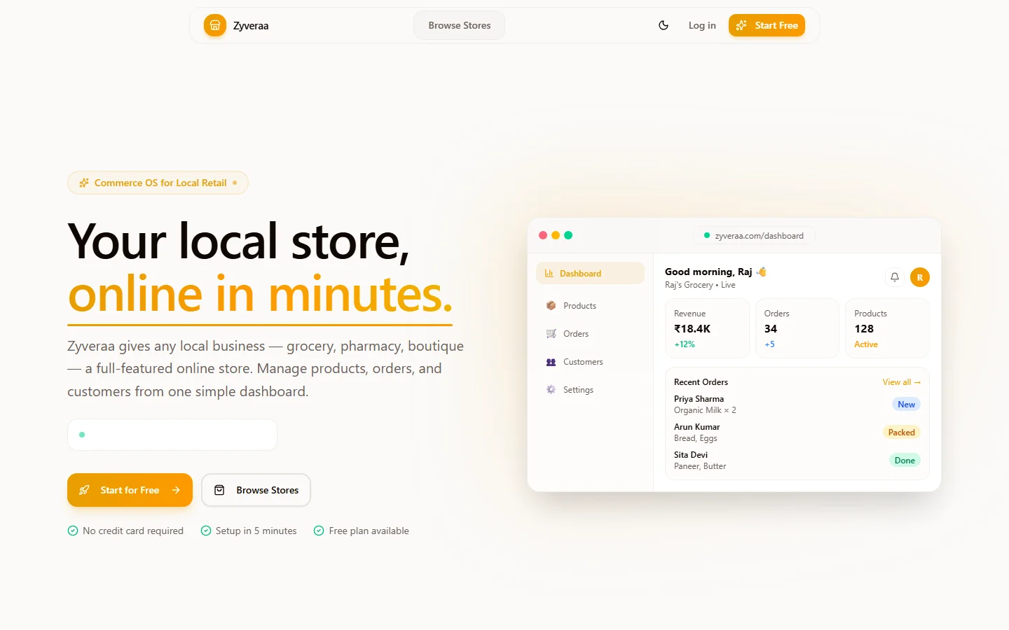 Zyveraa landing page: 'Your local store, online in minutes' beside a store dashboard preview